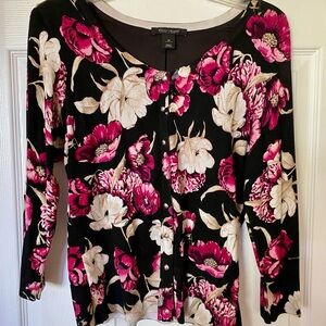 White House Black Market Black and Pink 3/4 Sleeve Buttoned cardigan.